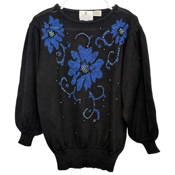 Campus Casuals Sweaters - Campus Casuals Womens Black Sweater with Blue Flowers - Size Large